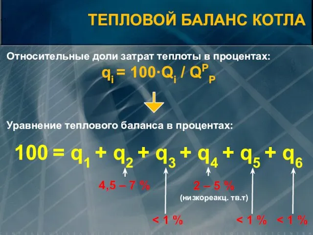 Относительные доли затрат теплоты в процентах: qi = 100·Qi / QPP