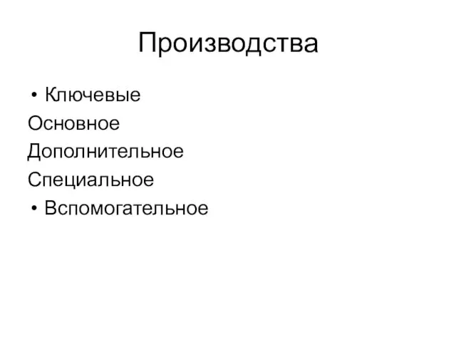 Производства Ключевые Основное Дополнительное Специальное Вспомогательное