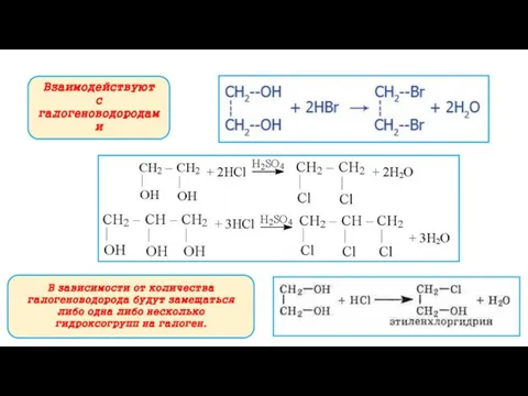 Взаимодействуют с галогеноводородами В зависимости от количества галогеноводорода будут замещаться либо