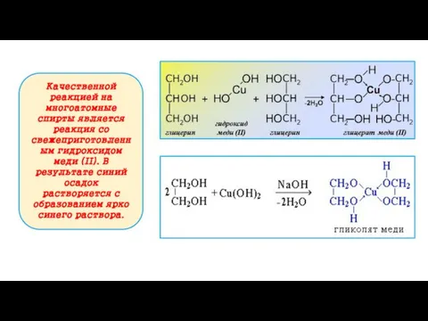Качественной реакцией на многоатомные спирты является реакция со свежеприготовленным гидроксидом меди