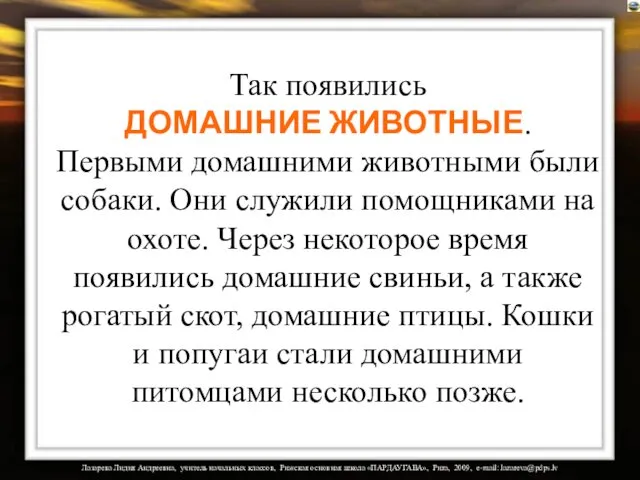 Так появились ДОМАШНИЕ ЖИВОТНЫЕ. Первыми домашними животными были собаки. Они служили