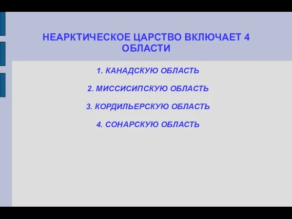 НЕАРКТИЧЕСКОЕ ЦАРСТВО ВКЛЮЧАЕТ 4 ОБЛАСТИ 1. КАНАДСКУЮ ОБЛАСТЬ 2. МИССИСИПСКУЮ ОБЛАСТЬ