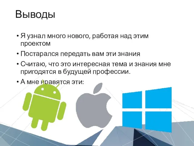 Выводы Я узнал много нового, работая над этим проектом Постарался передать