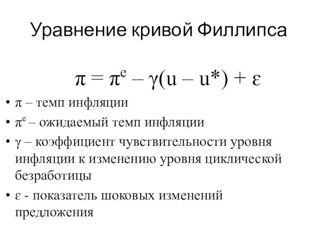 Уравнение кривой Филлипса π – темп инфляции πe – ожидаемый темп