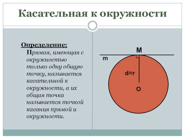 Касательная к окружности Определение: Прямая, имеющая с окружностью только одну общую