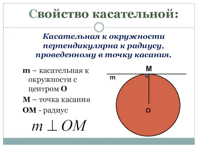 Свойство касательной: Касательная к окружности перпендикулярна к радиусу, проведенному в точку