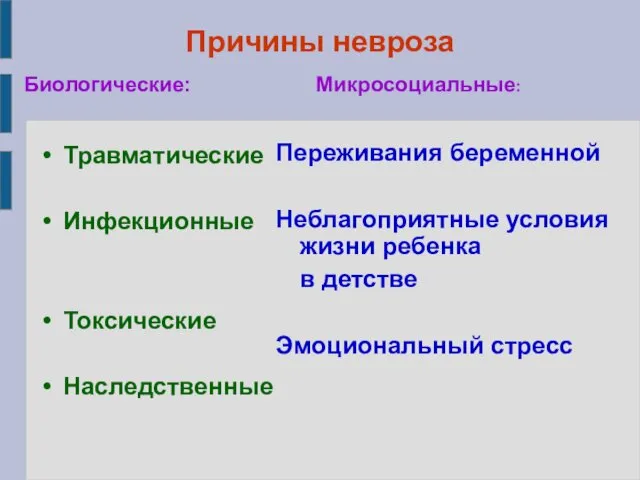 Причины невроза Травматические Инфекционные Токсические Наследственные Переживания беременной Неблагоприятные условия жизни