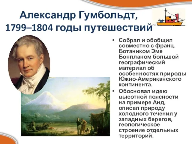 Александр Гумбольдт, 1799–1804 годы путешествий Собрал и обобщил совместно с франц.