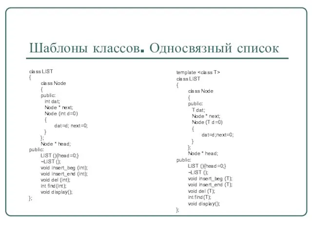 Шаблоны классов. Односвязный список class LIST { class Node { public: