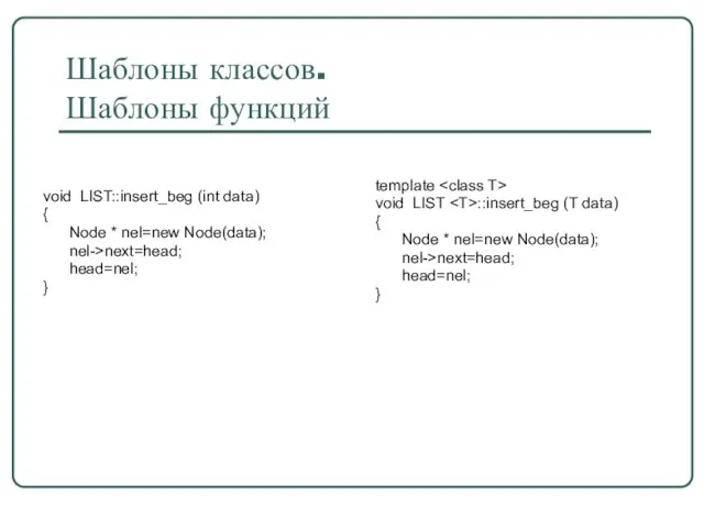 Шаблоны классов. Шаблоны функций void LIST::insert_beg (int data) { Node *