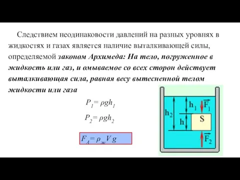 Следствием неодинаковости давлений на разных уровнях в жидкостях и газах является