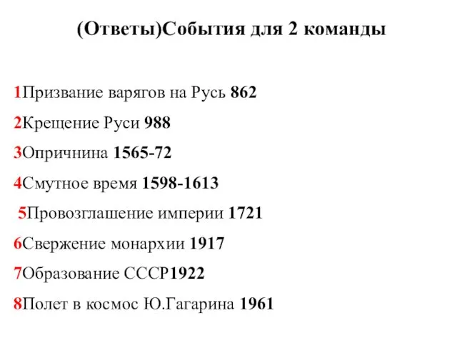 (Ответы)События для 2 команды 1Призвание варягов на Русь 862 2Крещение Руси