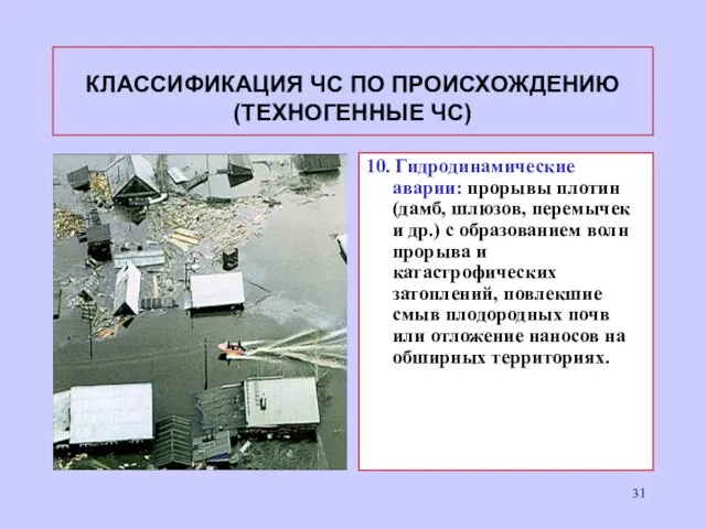 КЛАССИФИКАЦИЯ ЧС ПО ПРОИСХОЖДЕНИЮ (ТЕХНОГЕННЫЕ ЧС) 10. Гидродинамические аварии: прорывы плотин