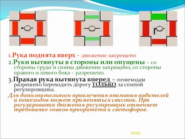 1.Рука поднята вверх - движение запрещено 2.Руки вытянуты в стороны или