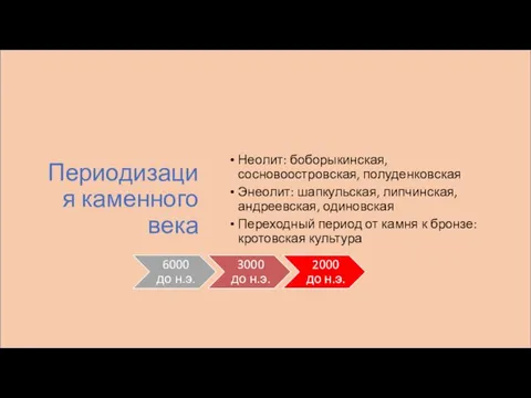 Периодизация каменного века Неолит: боборыкинская, сосновоостровская, полуденковская Энеолит: шапкульская, липчинская, андреевская,