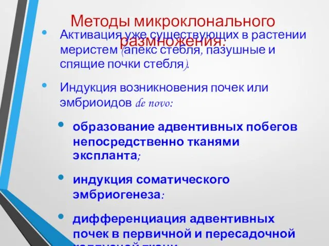 Методы микроклонального размножения: Активация уже существующих в растении меристем (апекс стебля,