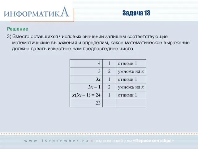 Задача 13 Решение 3) Вместо оставшихся числовых значений запишем соответствующие математические