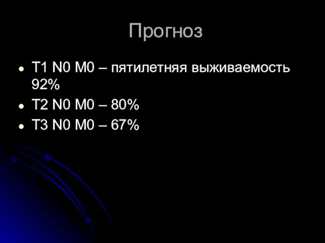 Прогноз Т1 N0 M0 – пятилетняя выживаемость 92% Т2 N0 M0