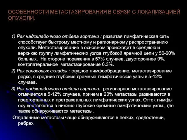 1) Рак надскладочного отдела гортани : развитая лимфатическая сеть способствует быстрому