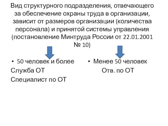 Вид структурного подразделения, отвечающего за обеспечение охраны труда в организации, зависит