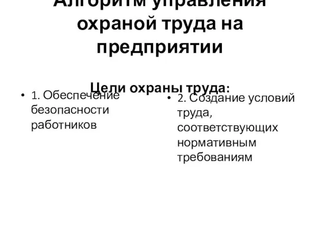 Алгоритм управления охраной труда на предприятии Цели охраны труда: 1. Обеспечение