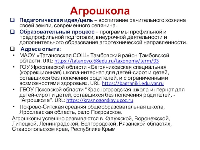 Агрошкола Педагогическая идея/цель – воспитание рачительного хозяина своей земли, современного селянина.