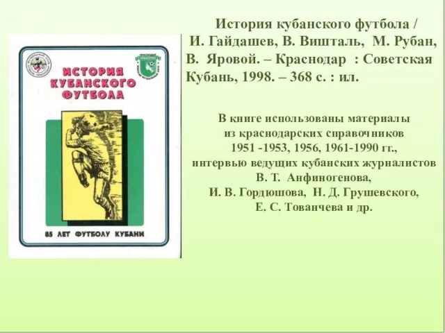 История кубанского футбола / И. Гайдашев, В. Вишталь, М. Рубан, В.