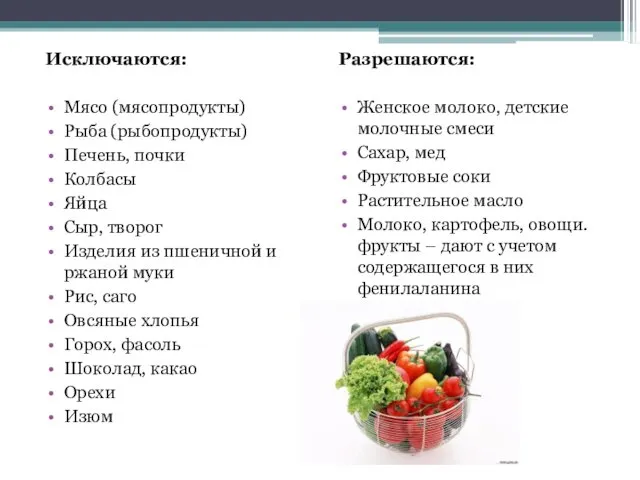 Исключаются: Мясо (мясопродукты) Рыба (рыбопродукты) Печень, почки Колбасы Яйца Сыр, творог