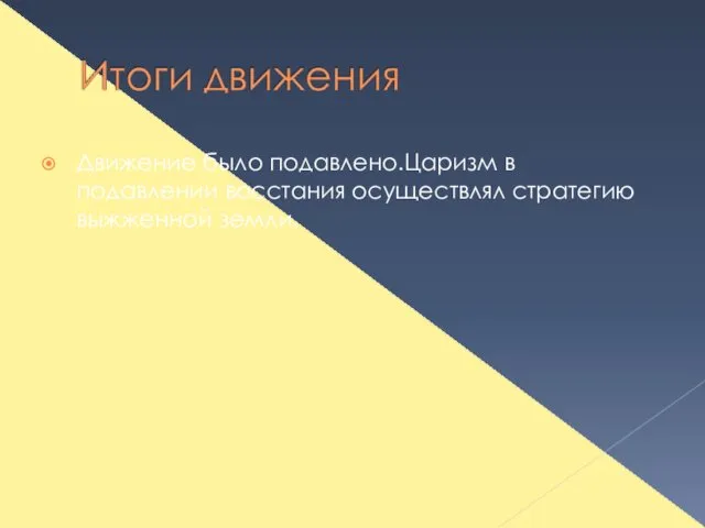 Движение было подавлено.Царизм в подавлении восстания осуществлял стратегию выжженной земли.