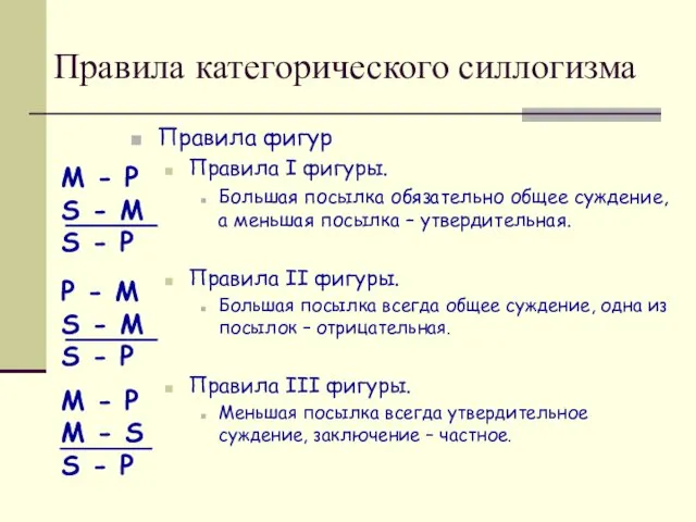 Правила фигур Правила I фигуры. Большая посылка обязательно общее суждение, а