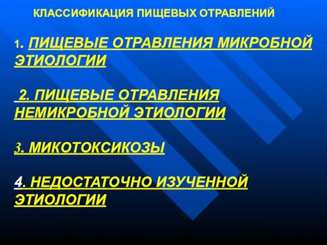 КЛАССИФИКАЦИЯ ПИЩЕВЫХ ОТРАВЛЕНИЙ 1. ПИЩЕВЫЕ ОТРАВЛЕНИЯ МИКРОБНОЙ ЭТИОЛОГИИ 2. ПИЩЕВЫЕ ОТРАВЛЕНИЯ