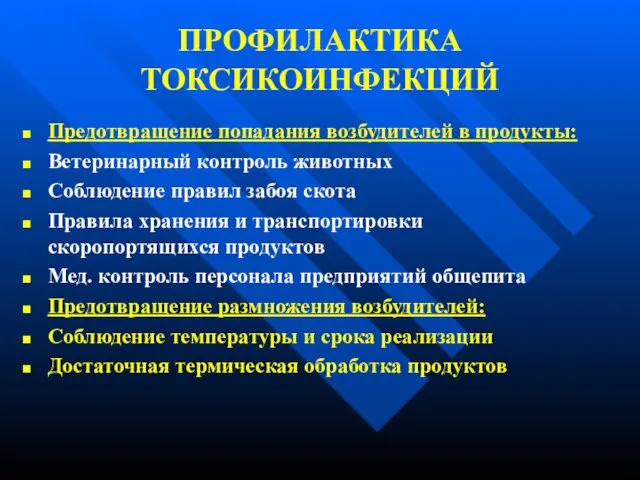 ПРОФИЛАКТИКА ТОКСИКОИНФЕКЦИЙ Предотвращение попадания возбудителей в продукты: Ветеринарный контроль животных Соблюдение