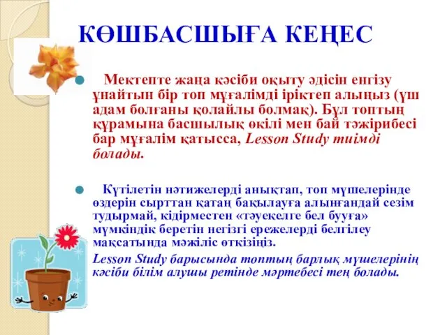 Мектепте жаңа кәсіби оқыту әдісін енгізу ұнайтын бір топ мұғалімді іріктеп