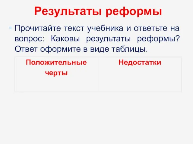 Результаты реформы Прочитайте текст учебника и ответьте на вопрос: Каковы результаты