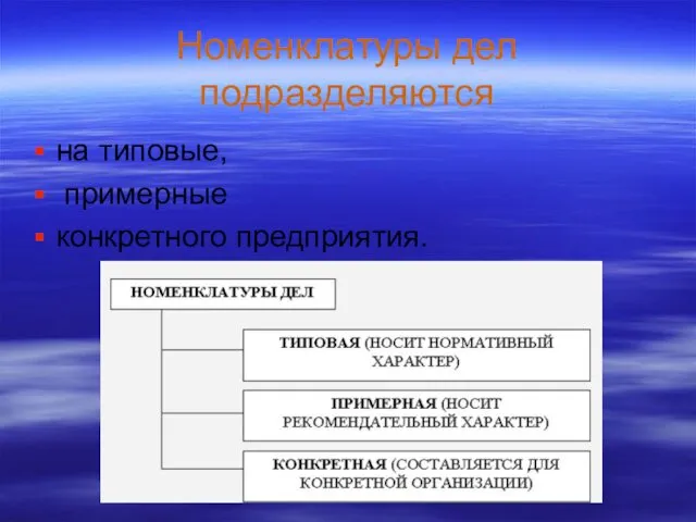 Номенклатуры дел подразделяются на типовые, примерные конкретного предприятия.