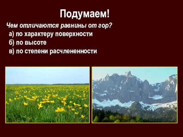 а) по характеру поверхности б) по высоте в) по степени расчлененности