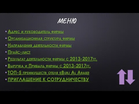 МЕНЮ Адрес и руководитель фирмы Организационная структура фирмы Направления деятельности фирмы