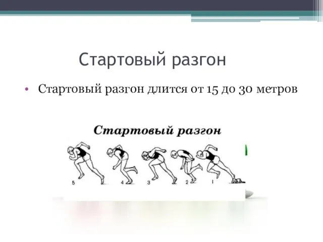 Стартовый разгон Стартовый разгон длится от 15 до 30 метров