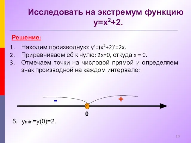 Исследовать на экстремум функцию y=x2+2. Решение: Находим производную: y’=(x2+2)’=2x. Приравниваем её