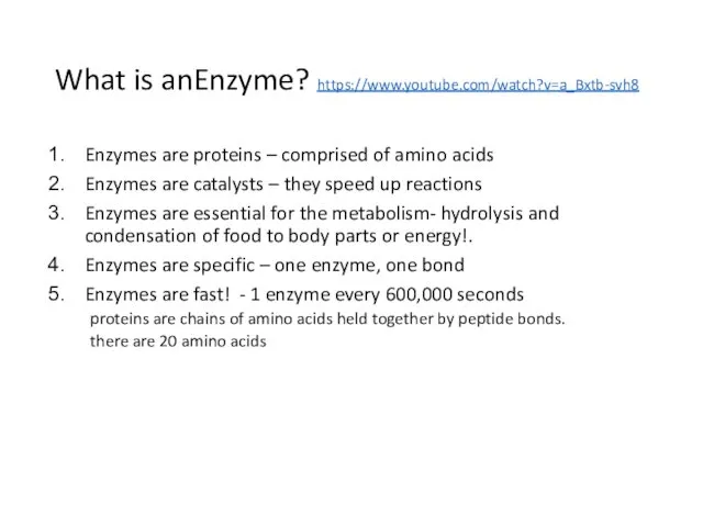 What is anEnzyme? https://www.youtube.com/watch?v=a_Bxtb-svh8 Enzymes are proteins – comprised of amino