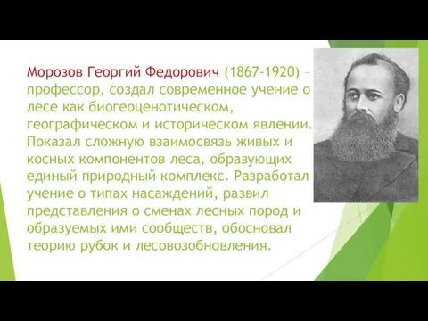 Морозов Георгий Федорович (1867-1920) – профессор, создал современное учение о лесе