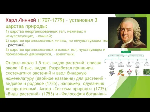 Карл Линней (1707-1779) – установил 3 царства природы: 1) царства неорганизованных