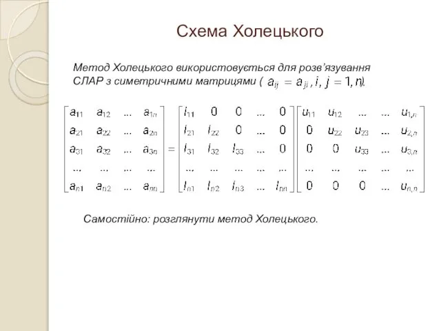 Схема Холецького Самостійно: розглянути метод Холецького. Метод Холецького використовується для розв’язування