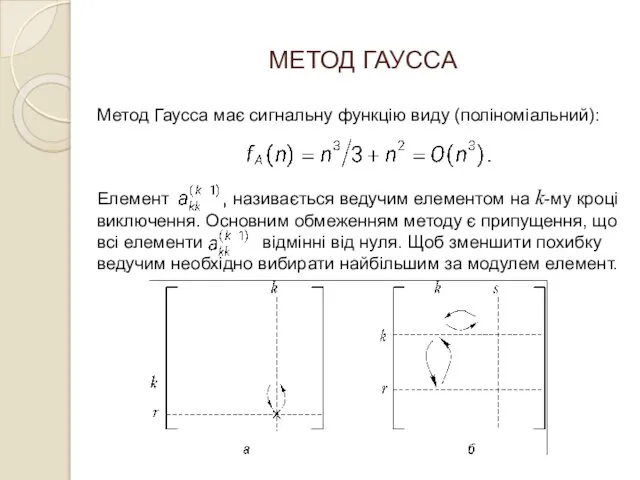 МЕТОД ГАУССА Метод Гаусса має сигнальну функцію виду (поліноміальний): Елемент називається