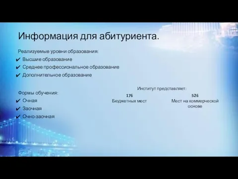 Информация для абитуриента. Реализуемые уровни образования: Высшие образование Среднее профессиональное образование