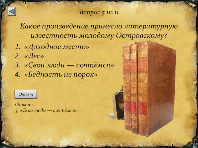 Вопрос 5 из 11 Какое произведение принесло литературную известность молодому Островскому?