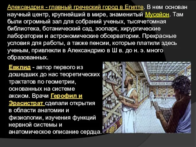 Александрия - главный греческий город в Египте. В нем основан научный