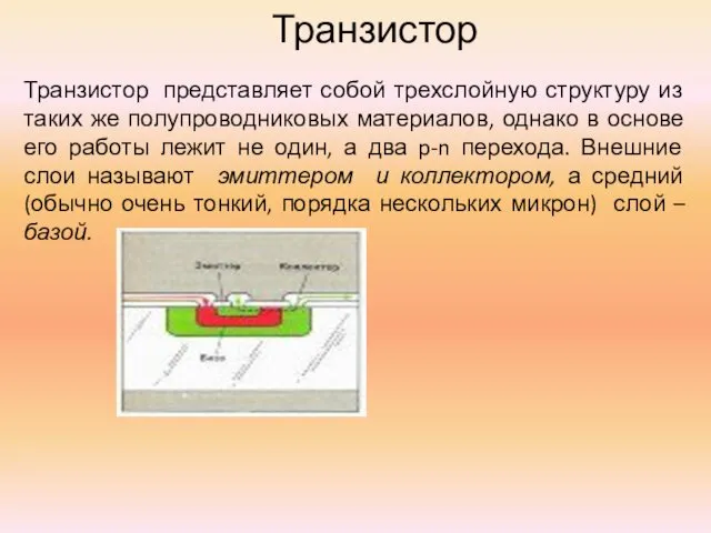 Транзистор Транзистор представляет собой трехслойную структуру из таких же полупроводниковых материалов,