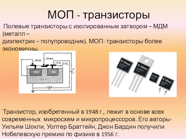 МОП - транзисторы Полевые транзисторы с изолированным затвором – МДМ(металл –