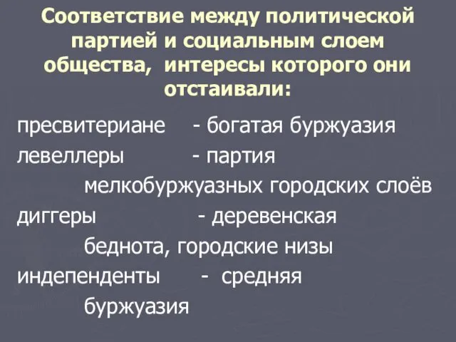 Соответствие между политической партией и социальным слоем общества, интересы которого они